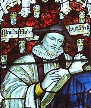Hakluyt depicted in stained glass in the west window of the south transept of Bristol Cathedral