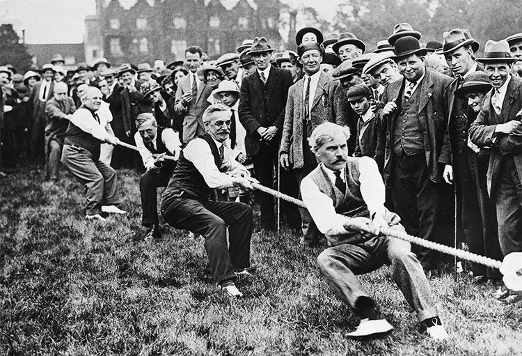 Tug-of-War: Ramsay MacDonald is the first man on the rope at a Labour Party rally, 1923. 