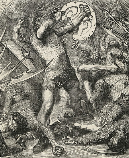 Fighting in the Fens: Hereward cutting his way through the Norman host, by James Cooper, 19th century