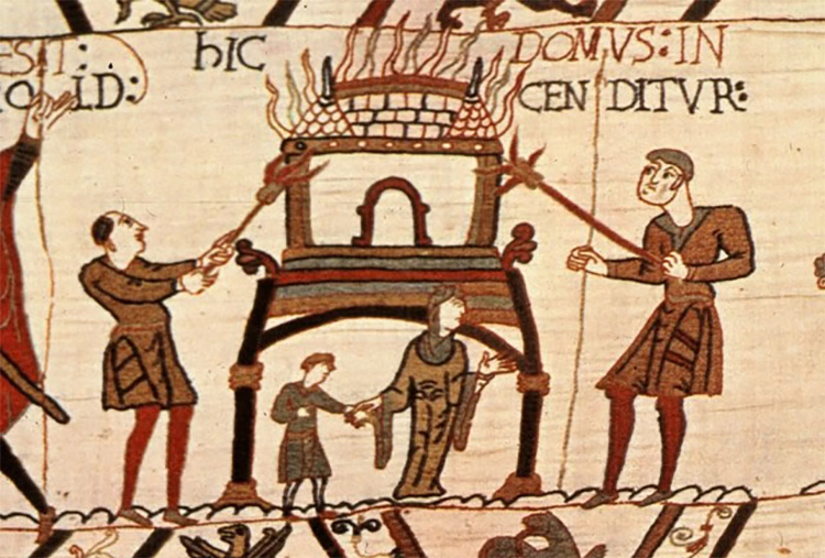 Normans burning Anglo-Saxon buildings, in a scene from the Bayeux Tapestry