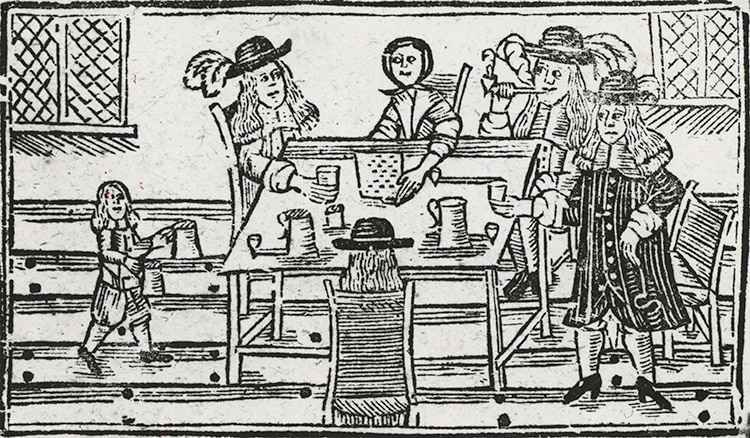Woodcut of a tavern scene, English, 17th century