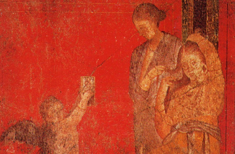 A servant fixes a young woman's hair. Detail of a fresco from the Villa of the Mysteries, Pompeii, c.50 BC.