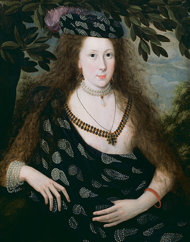 Elizabeth Watson, daughter of a major investor in the Virginia Company, wears pearls and ostrich-feather designs - both symbols of the Americas - in a portrait by Robert Peake, 1615