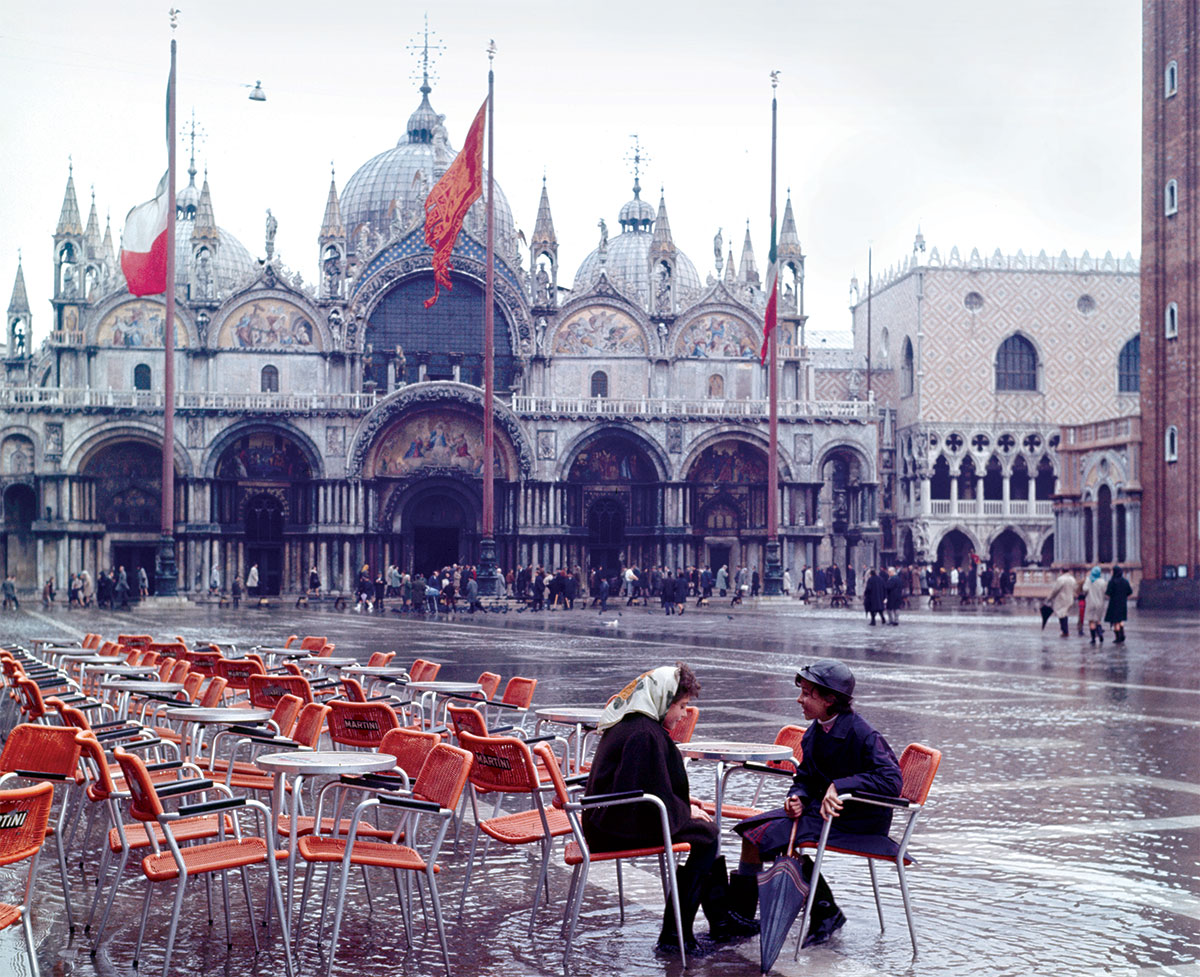 Rainy day: a flooded Piazza San Marco, Venice, 1966.
