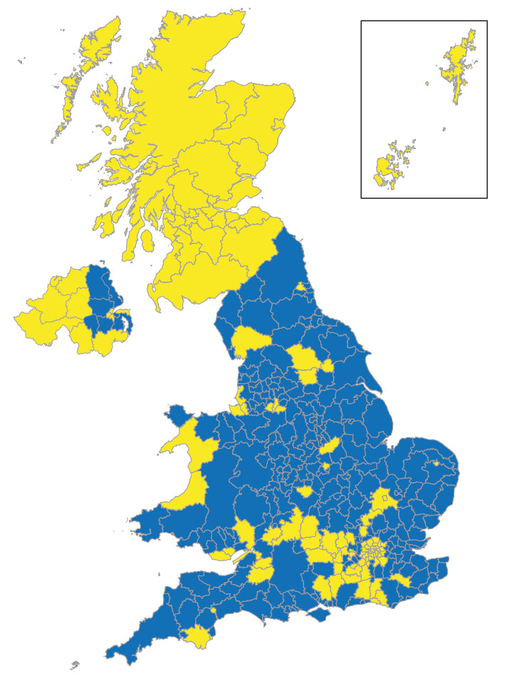 1638 0r 2016? A map of the EU referendum results, with areas that voted Leave in blue. 