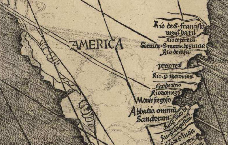 Detail of the bottom left portion of the map, with the word 'America'