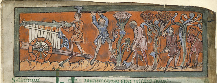Cutting and loading wood: from an Anglo-Saxon calendar page for July, 11th century