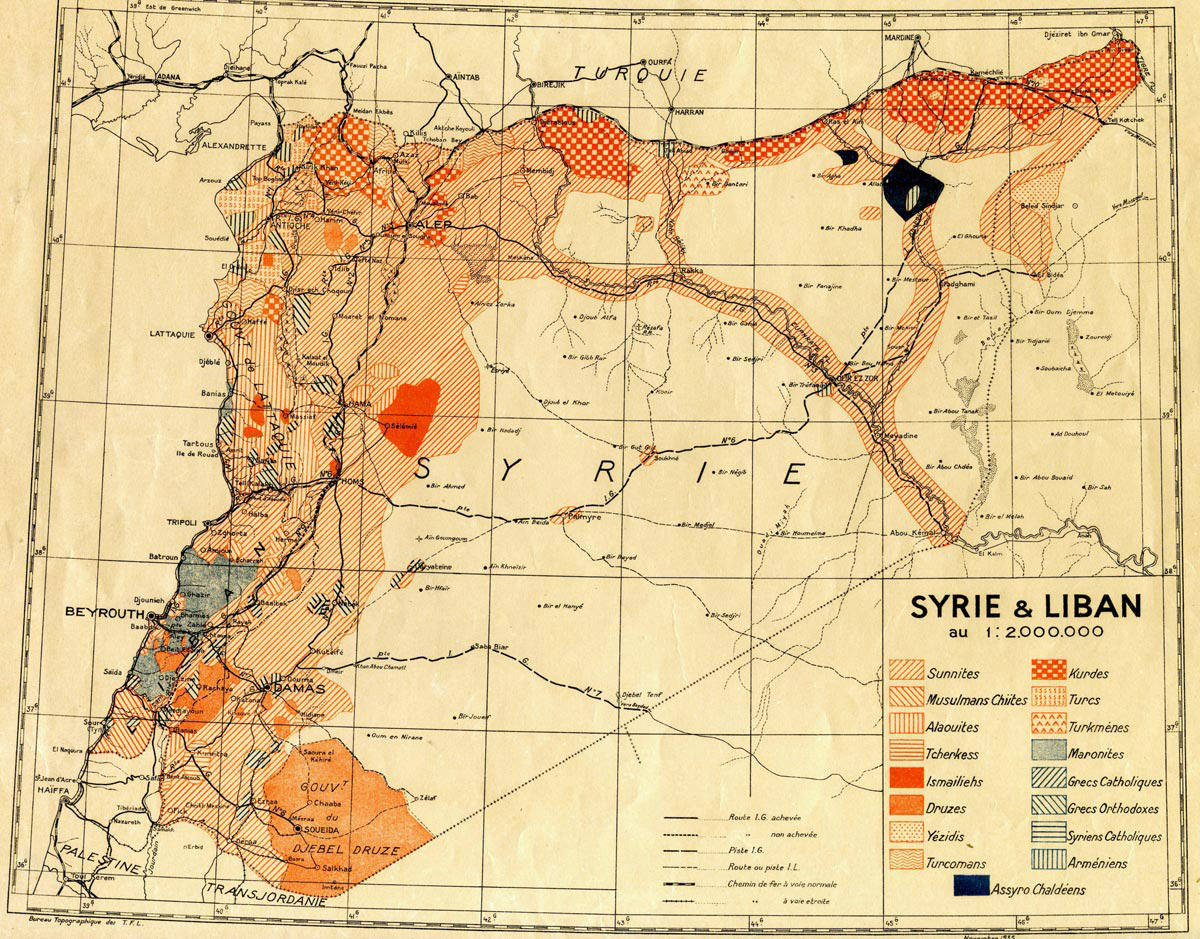Population map of Syria and Lebanon, c.1935.