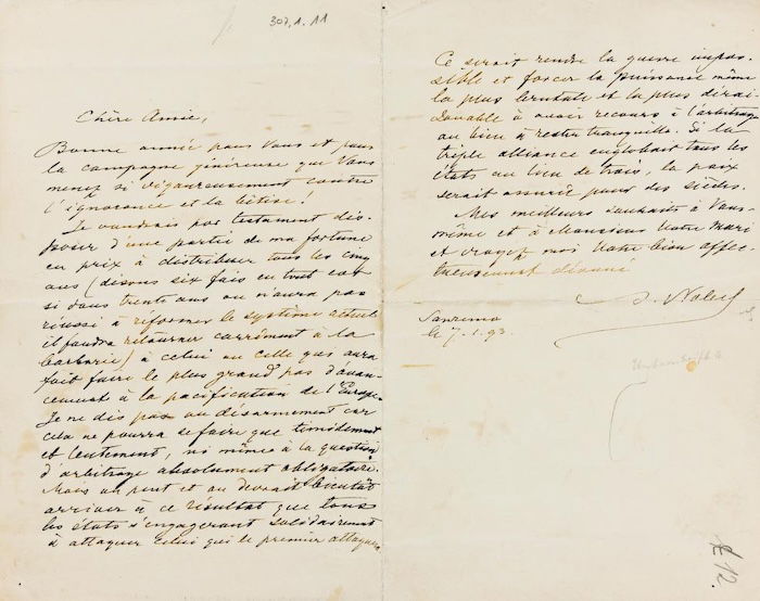 Letter from Alfred Nobel to Bertha von Suttner, creating the Nobel Peace Prize, 7 January 1893. Library of Congress. Public Domain.