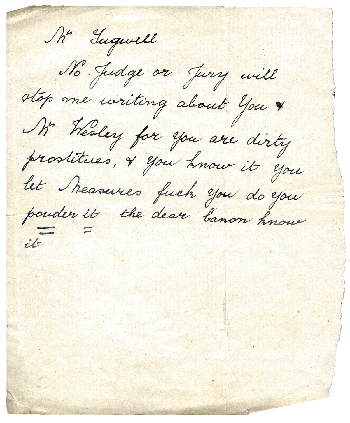 A letter used in the libel case against Annie Tugwell, 1909-13. MEPO 3/189, Criminal libel: "The Sutton Libel Case" (Mrs Annie Tugwell), 1909-1913.