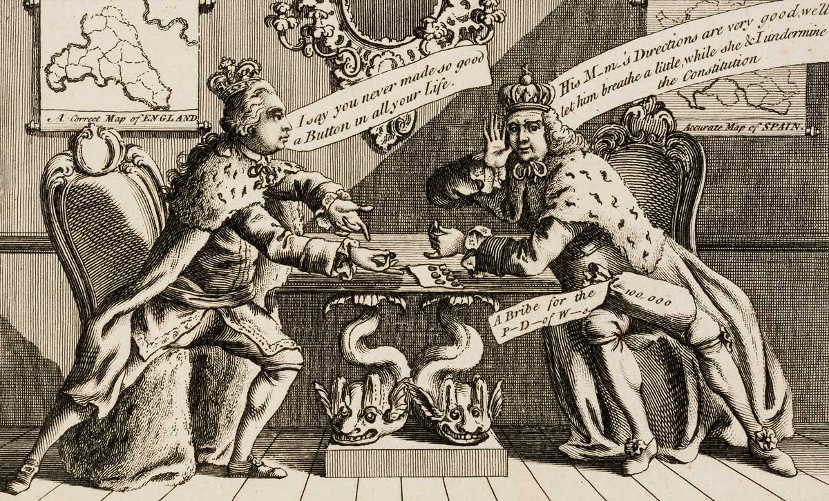 George III and Charles III of Spain ‘negotiate’ over the Falkland Islands. English engraving, 1770.
