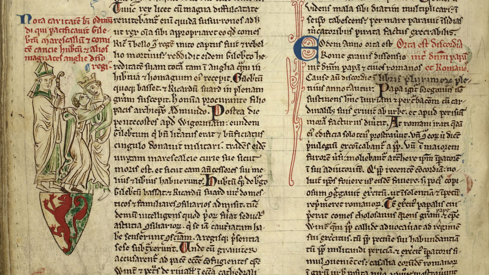 Impact: Saint Edmund of Abingdon bringing about the reconciliation of Gilbert Marshal  and Henry III,  from Matthew  Paris’ Historia Anglorum, 1250s. © British Library Board/Bridgeman Images.