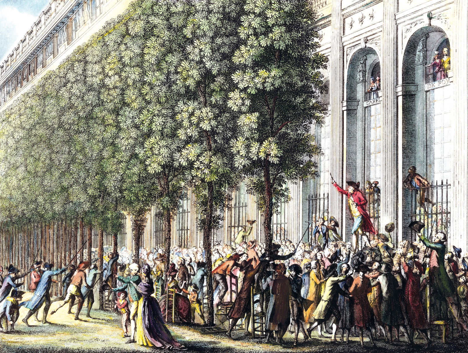 Throwing shade: Camille Desmoulins speaks at the Palais-Royal on 12 July 1789, two days before the taking  of the Bastille, by Jean-Louis Prieur, c.1790. Alamy Stock Photo.