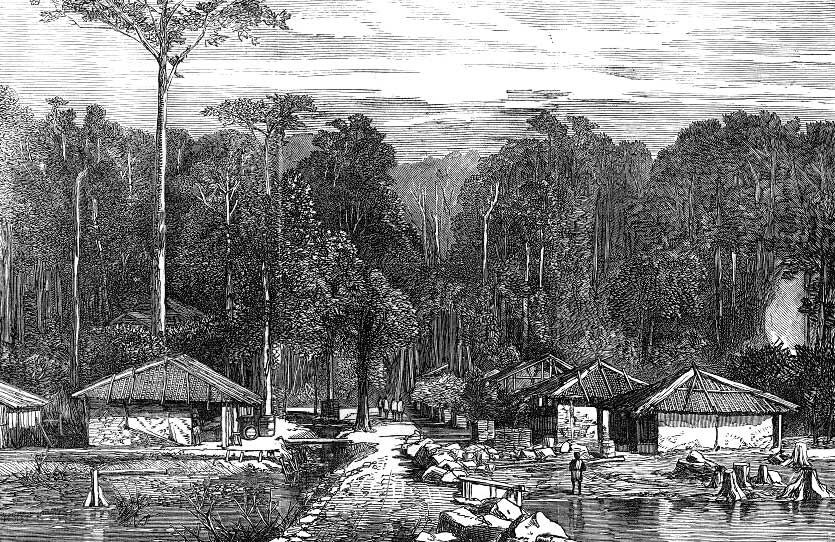 Hope Town at the foot of Mount Harriet showing the pier where Lord Mayo was murdered. Engraving, Illustrated London News, 1872.