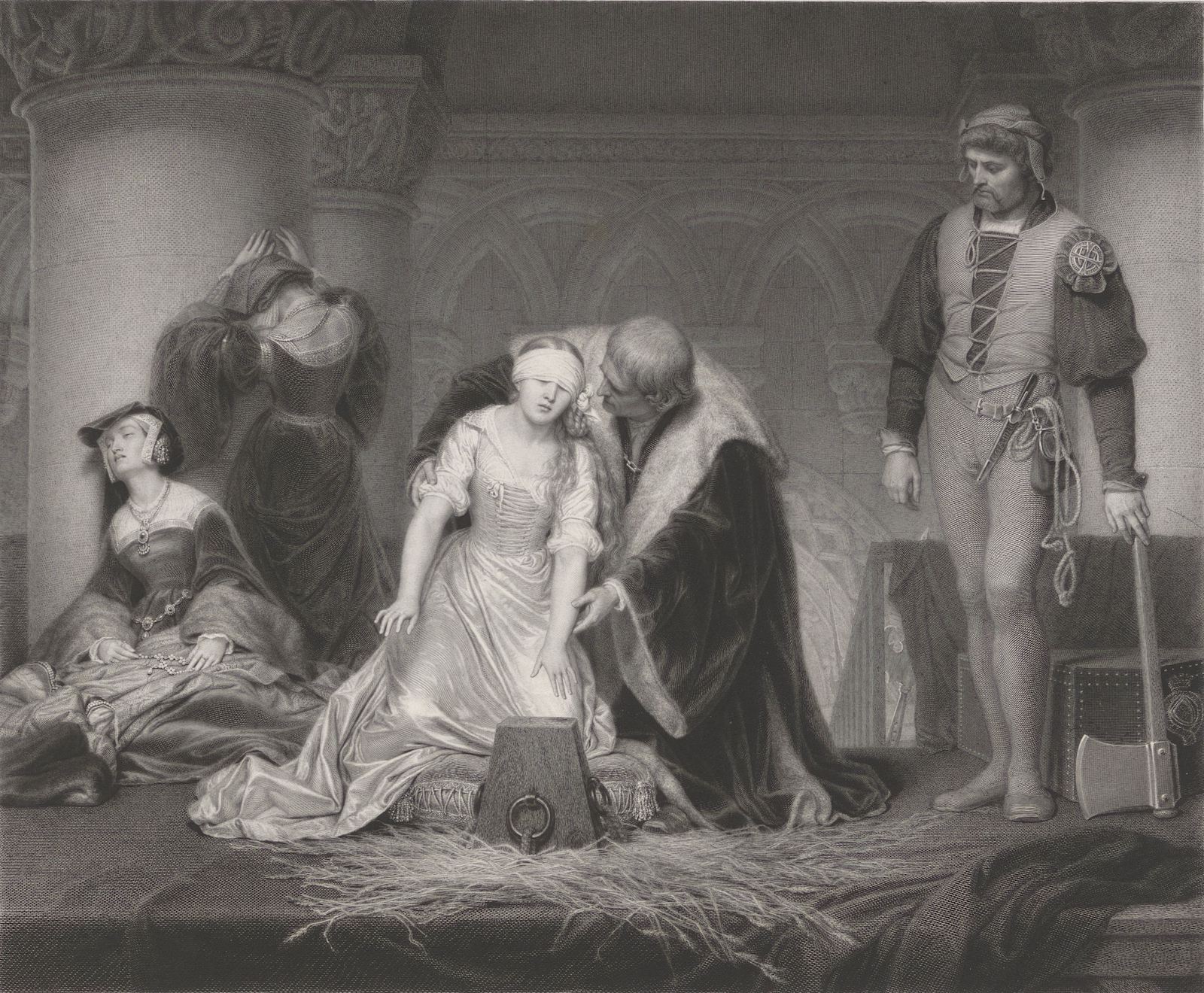 The execution of Lady Jane Grey, Paolo Mercuri, after Paul Delaroche, c. 1833-1884. Rijksmuseum. Public Domain.