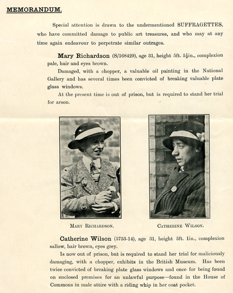 Descriptions and surveillance photos passed by Police to the Wallace Collection in London to help protect artifacts from damage by suffragettes, c. 1914. The National Archives. Public Domain.