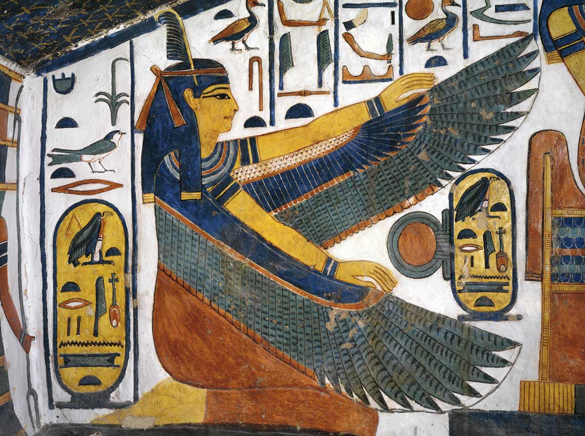 Ma’at spreads her wings for protection. A mural painting from the staircase of Nefertari, 13th century BC, Thebes, Egypt.