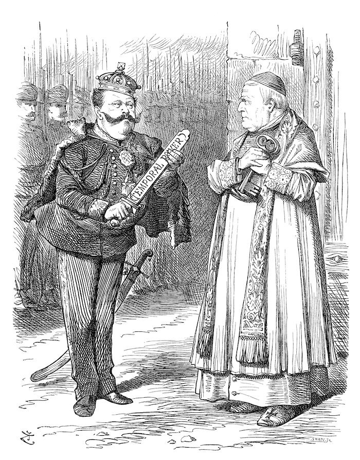 King Vittorio Emanuele II takes the sword of Temporal Power from Pope Pius IX, who hangs on to his keys. From Punch, 1 October 1870.