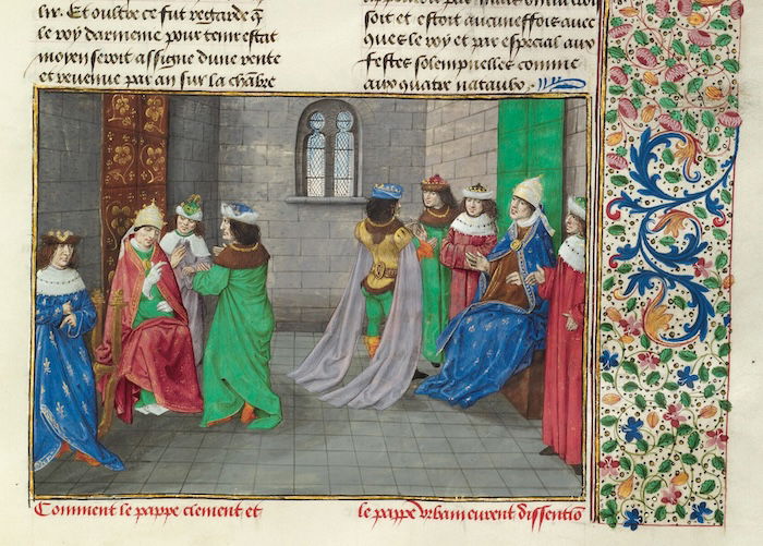 Pope Urban VI and the Anti-Pope Clement VII at the beginning of the Great Schism, 1378. Miniature from Jean Froissart’s Chronicles, 15th century, 1480-83. The J. Paul Getty Museum, Los Angeles. Public Domain.