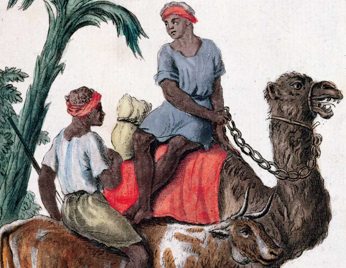 Gum merchants, Senegal River Valley region, coloured engraving, 1796.