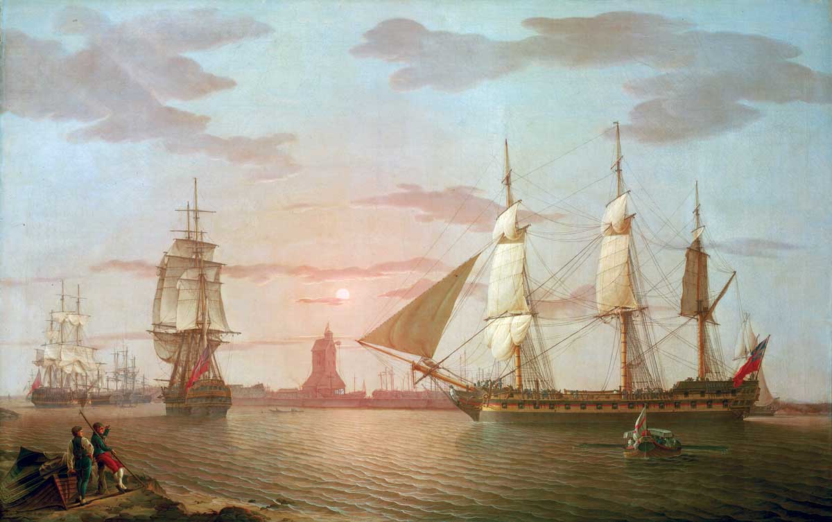 The East Indiaman ‘Warley’, shown in three positions off Blackwall  on the River Thames, by Robert Salmon, c.1801.