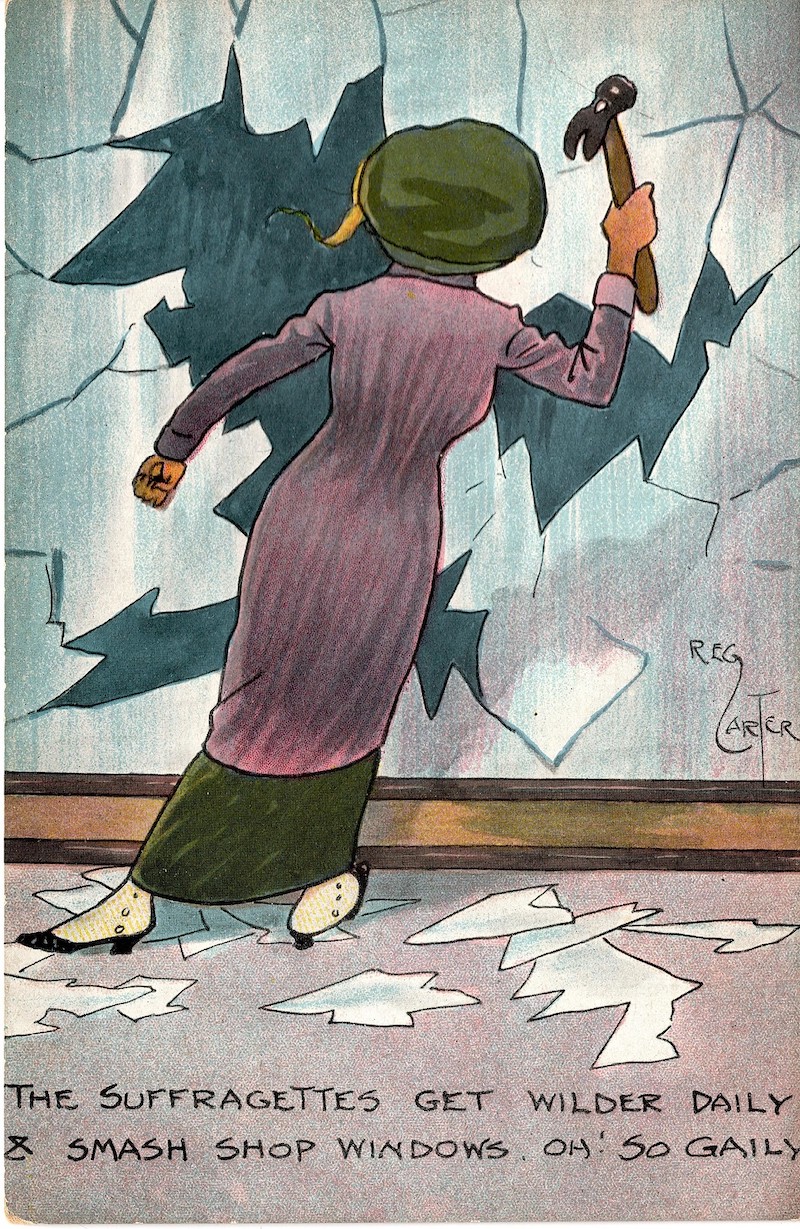 Anti-suffrage comic card depicts a suffragette wielding a hammer and smashing a department store window. LSE Library. Public Domain.