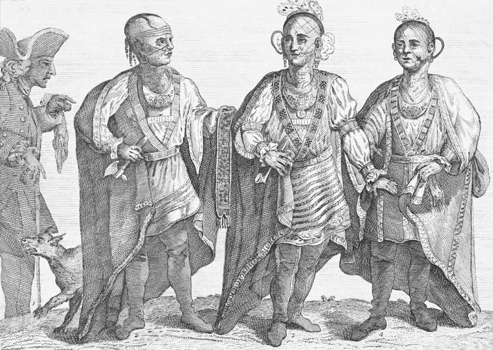 A contemporary British engraving of the 1762 Cherokee peace delegation arriving in London. Pictured second from right is Ostenaco. Wiki Commons.