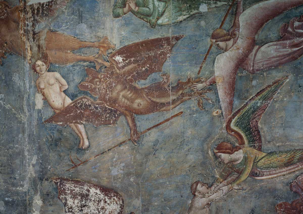demons in  the form of bats, with angels,  a detail from Buonamico Buffalmacco’s Triumph of Death, fresco, 1336-41.