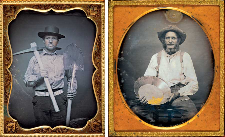 Left: a California gold miner with his pick and shovel. Below: a water flume and surveyors in El Dorado County, California. All 1850-55. Right: portrait of a California miner with pan of gold, c.1852. 