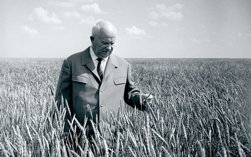 Nikita Krushchev visits the fields of Moskovsky State Farm, Kazakhstan, 1964. Getty Images.