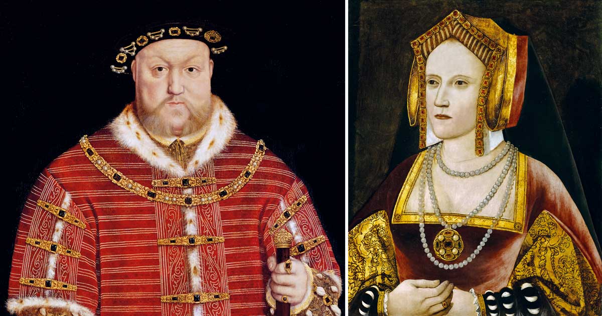 Henry VIII by Hans Holbein the Younger, 1542 and Katherine of Aragon, unknown artist, c.1520. 