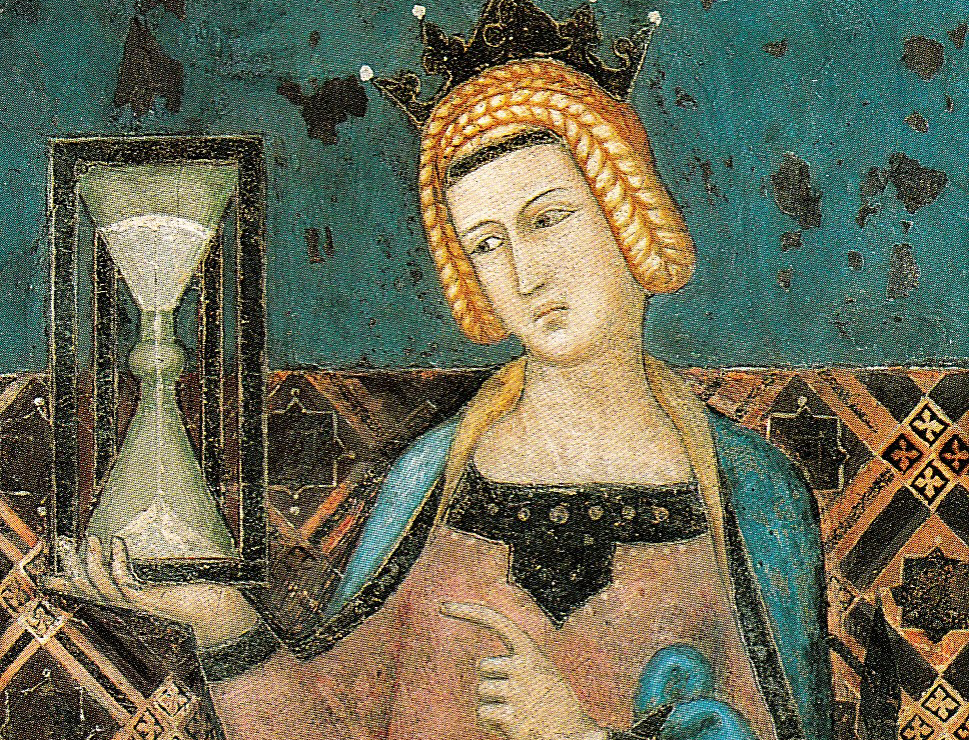 Temperance bearing an hourglass from Ambrogio Lorenzetti's Allegory of Good Government, 1338.