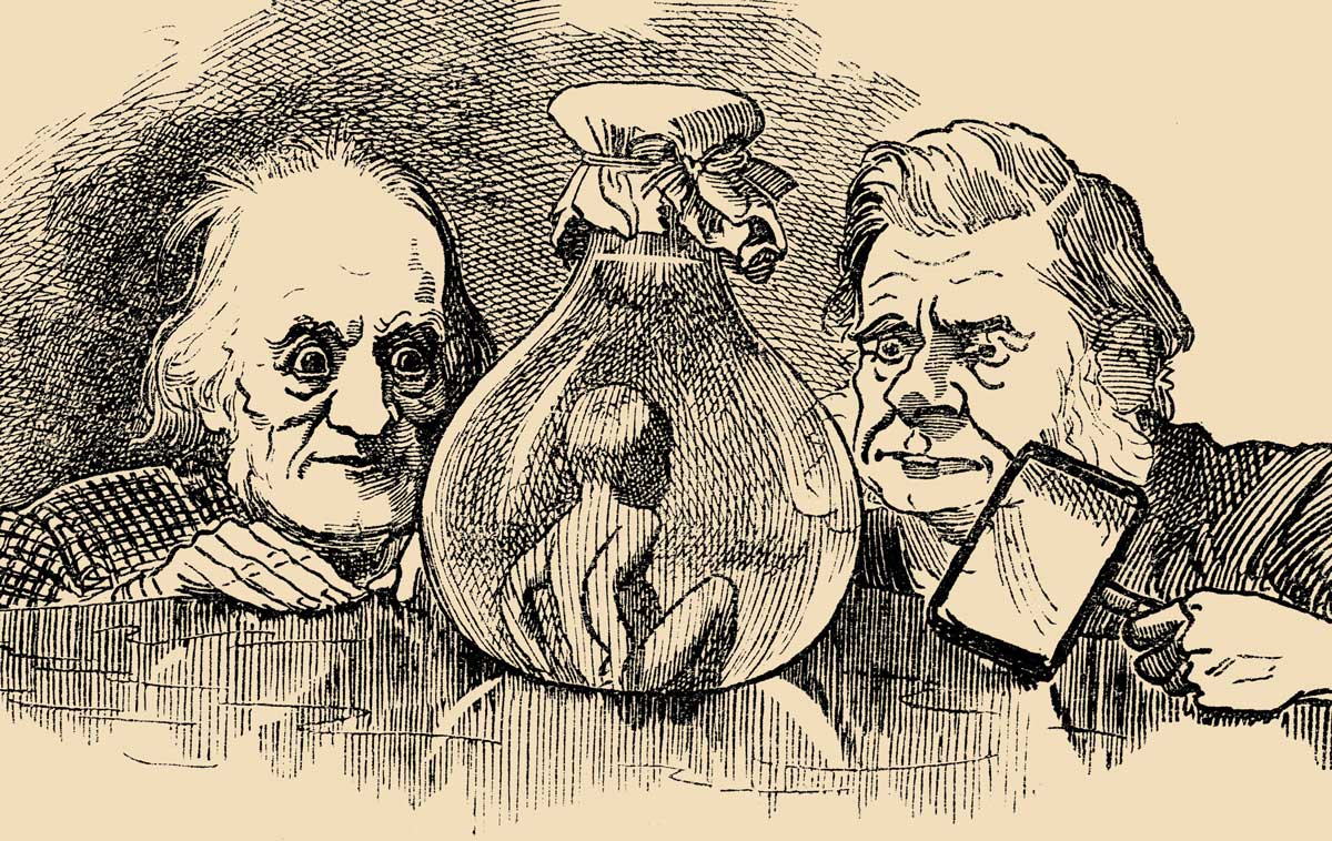 Richard Owen and Thomas Henry Huxley Inspecting a Water-Baby. Illustration by Linley Sambourne, from The Water-Babies, 1885. Alamy. 