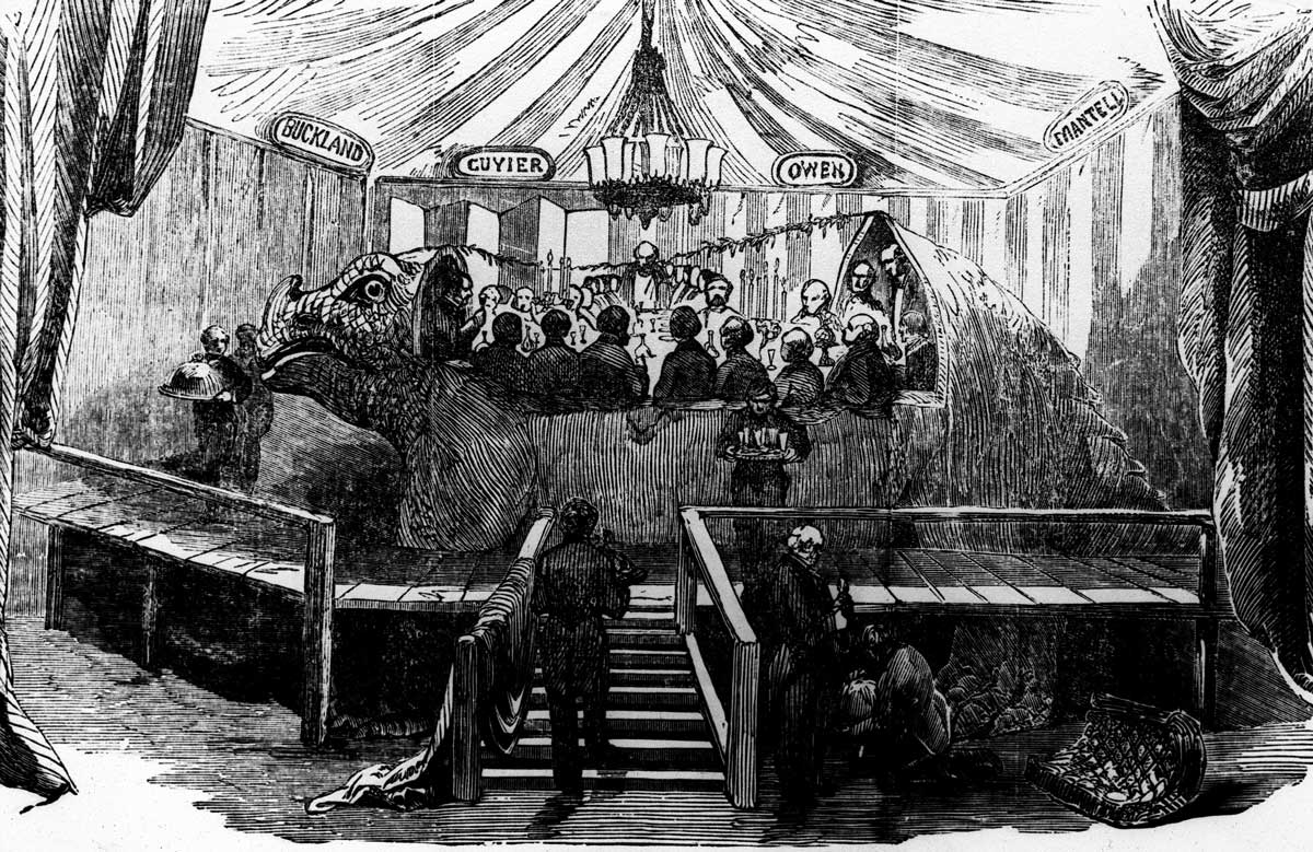 ‘Dinner in the Iguanodon Model, at the Crystal Palace, Sydenham’, London Illustrated News, 7 January 1854.