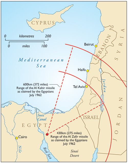 Map showing the distances claimed by Egypt for the reach of its rockets.