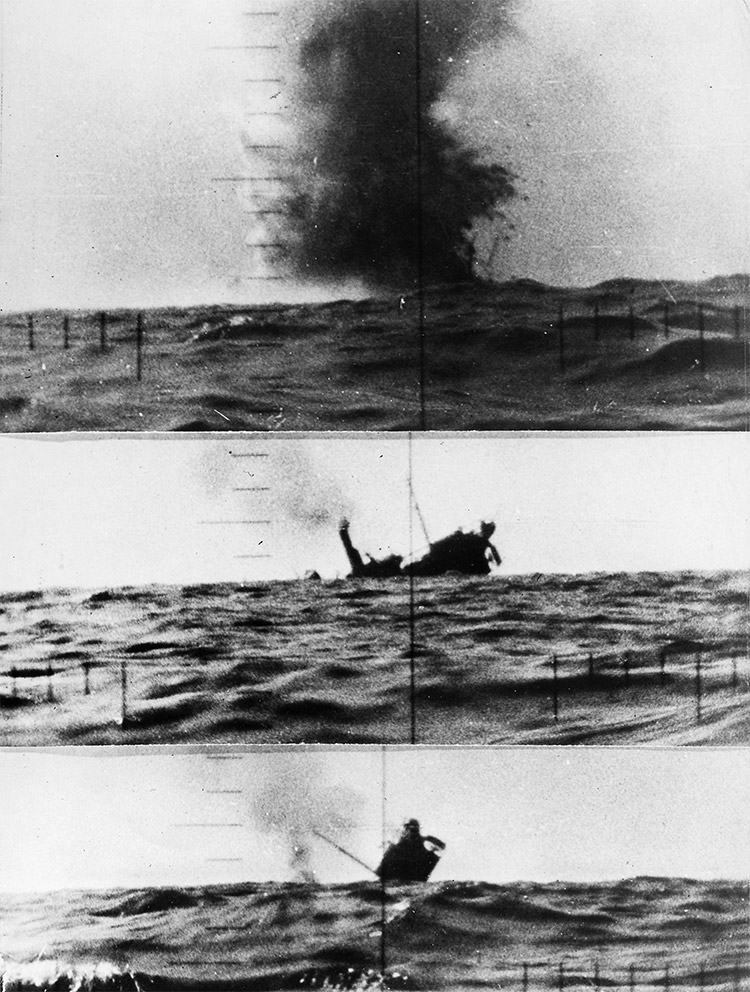 A Japanese merchant ship is torpedoed and sunk by a US submarine, November 18th, 1943.
