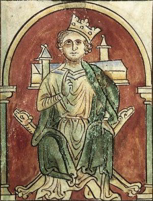 King John with an unsteady crown, depicted in a manuscript of 'Abbreviatio chronicorum Angliae', an abridged version of the chronicle of Matthew Paris, produced in St Albans 1250-59