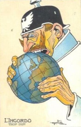 French Propaganda postcard from WW1 showing Kaiser Wilhelm II biting into the world. The text reads "The glutton – too hard."