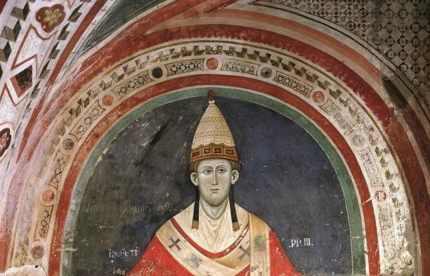 Pope Innocent III in a 13th-century fresco by Master Conxolus in Subiaco Abbey, Lazio, Italy