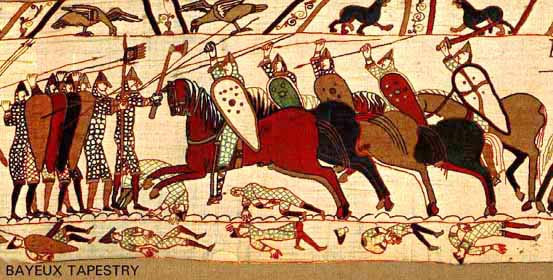 Norman cavalry attacks the Anglo-Saxon shield wall at the Battle of Hastings as depicted in the Bayeux Tapestry. The lances are held with a one-handed over-the-head grip.