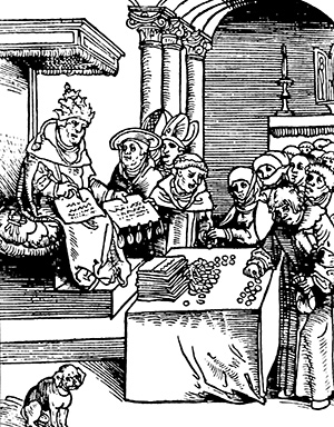 A woodcut of Pope Leo X selling indulgences from Passional Christ und Antichristi, a pamphlet by Philipp Melanchthon published in 1521.