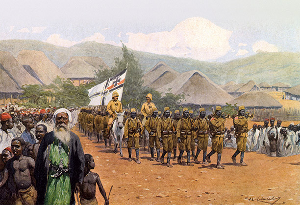 Colour print showing an Askari company marching under the German flag in German East Africa, 1913