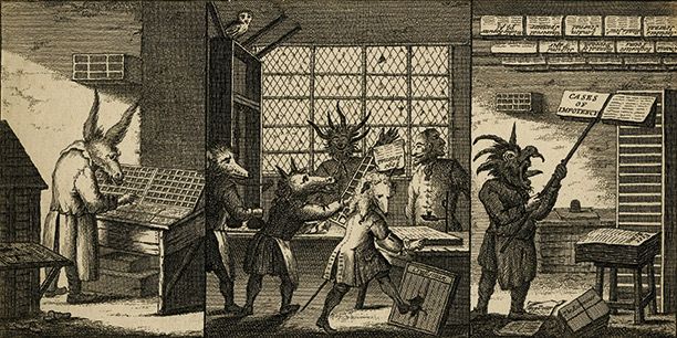 'The Art and Mystery of Printing Emblematically Displayed', a satire of three newspaper printing house activities performed by craftsmen with animal heads, 'Grub Street Journal', London 1732
