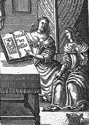 L’Escole des Filles, 1668. The French edition of a book in which an experienced older woman describes sexual practices to an innocent young maid.