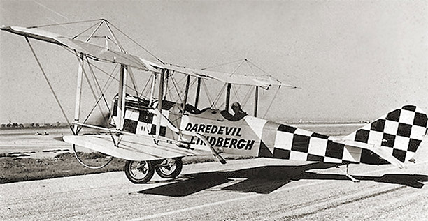 "Daredevil Lindbergh" in his Curtiss JN-4 "Jenny" in 1923.