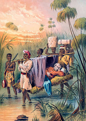 The Last Mile: Livingstone is carried off to die at his home in Ujiji, Tanganyika. Chromolithograph, c. 1880. AKG