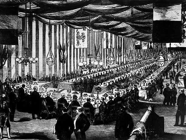 Train time tables: the banquet at Farringdon Street station to mark the opening of the Metropolitan Railway, from the 'Illustrated London News'. London Transport Museum