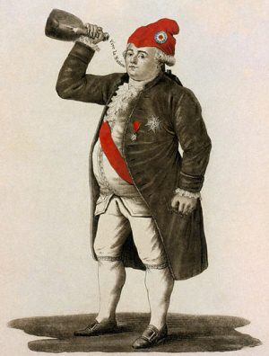 Louis XVI of France wearing a phrygian cap, drinking a toast to the health of the sans-culottes.