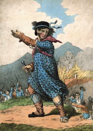 'The Leader of the Luddites', an English satirical print of 1812 shows an agitator in bonnet and dress encouraging workers wielding weapons beside a burning factory. George Mellor was the acknowledged leader of the Luddites in Yorkshire.