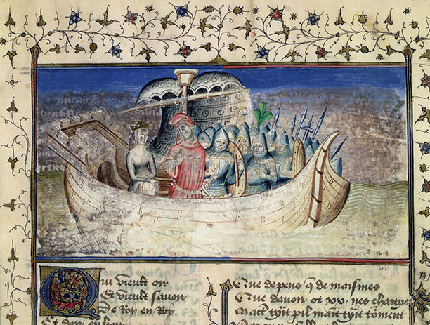 Mythical voyage: Brutus sets sail for Britain, a 15th-century illustration from Geoffrey of Monmouth's 'History of the Kings of Britain'. Bridgeman/Bibliotheque Nationale Paris